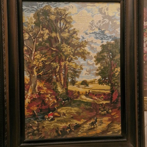 Embroidered textile painting large used handmade in luxury frame 70x89 cm
