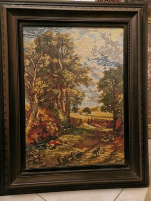 Embroidered textile painting large used handmade in luxury frame 70x89 cm