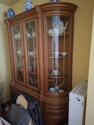 Wooden display cabinet with curved glass