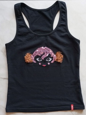 Sleeveless blouse with embroidered sequin girl face, like new, size S
