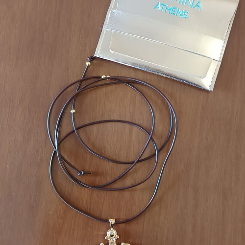 Hermina Athens large 925 gold-plated cross pendant with brown leather