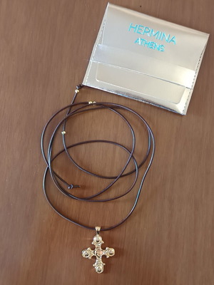 Hermina Athens large 925 gold-plated cross pendant with brown leather