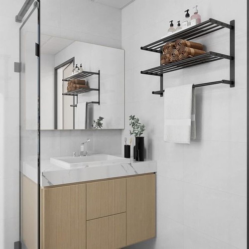 BETHOM double towel rack 80 cm, matte black, adhesive or screw mount