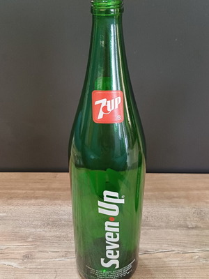 7UP vintage glass soda bottle 1 liter used, Greek labels