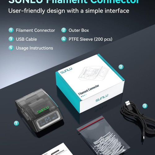 Sunlu filament connector with 200 PTFE sleeves for 3D printer, 1.75 mm