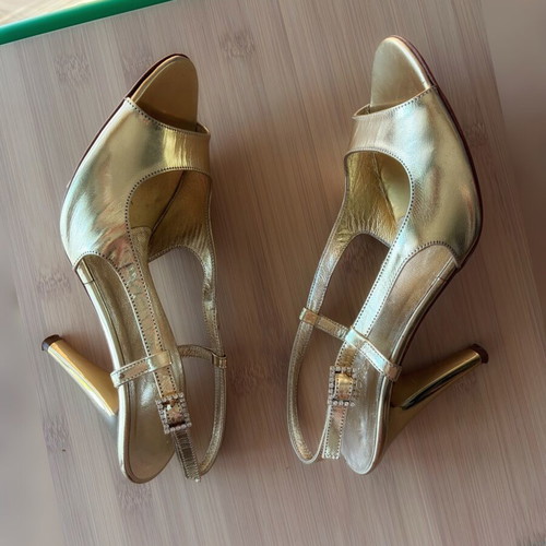 Mourtzi leather gold slingback sandals size 35 used with strass
