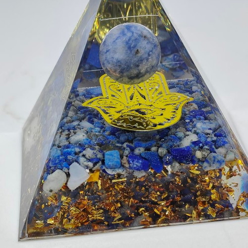 Orgonite pyramid with Lapis Lazuli, Sodalite and Hamsa hand like new