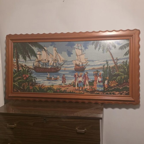 Handmade embroidered textile paintings with frame