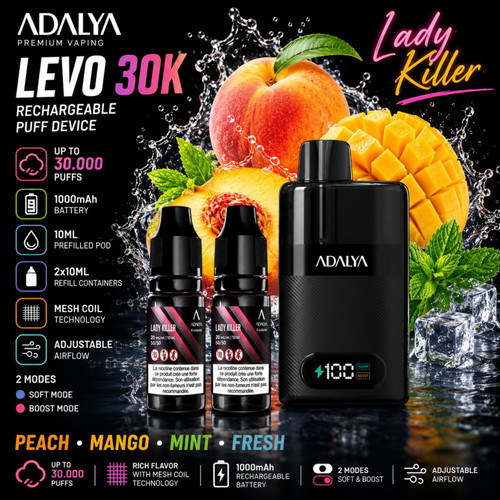 Adalya Levo 30K Lady Killer vape device new, peach mango mint flavor