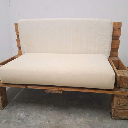 Sofa set from pallets with Ikea Pello armchair and Solsta Pallbo stool, like new