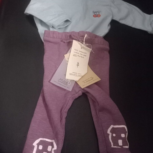 Premaman baby set with 2 organic cotton pants and blue cotton shirt, 6 months