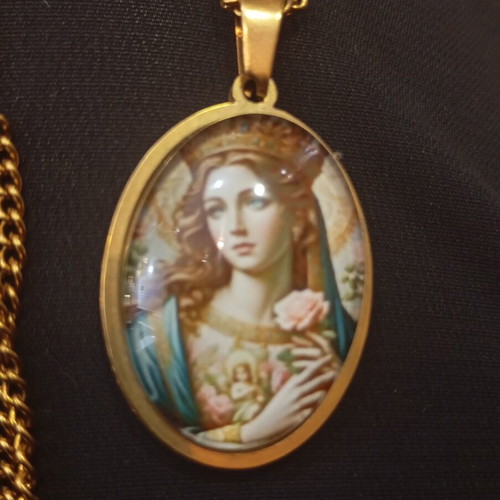 Panagias pendant and chain stainless steel, like new, colorful