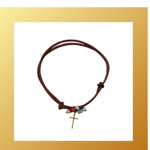 Leather bracelet used with 925 gold-plated cross and natural stones