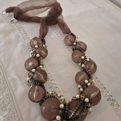 Necklace with Fabric, Glass Balls, Faux Pearls and Beads