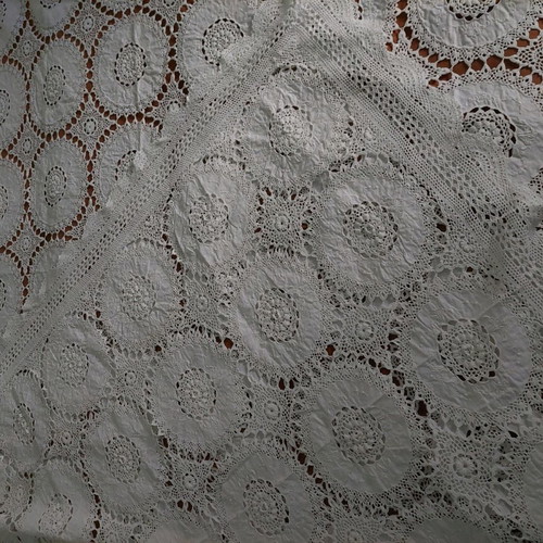 White knitted blanket with embroidery and lace, new, 220x270cm