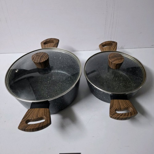 Cookware set like new with stone non-stick coating and wood-look handles