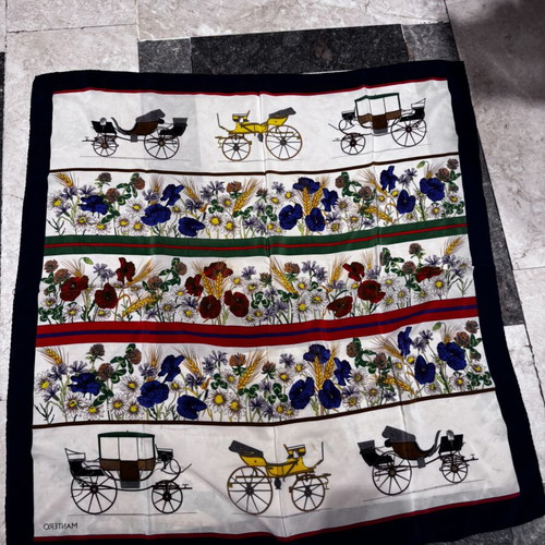 Mantero vintage silk scarf with antique carriages and colorful floral motifs
