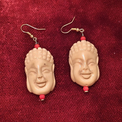 Vintage Laughing Buddha earrings, cream with red beads