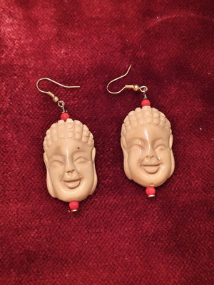 Vintage Laughing Buddha earrings, cream with red beads