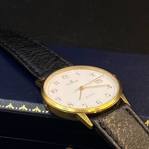 Edox Quartz wristwatch, Swiss made, gold plated, white dial