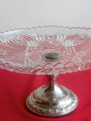 Vintage glass serving platter with silver-plated foot used