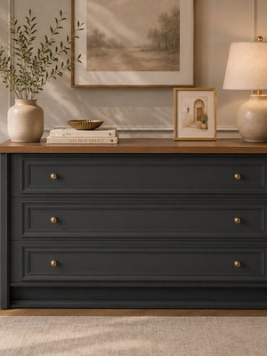 Chest of drawers like new, solid wood, matte anthracite with golden handles