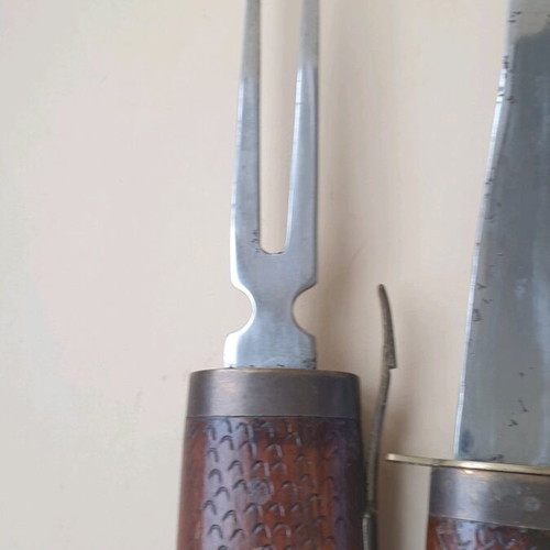 Vintage barbecue set used with knife and fork in wooden sheath