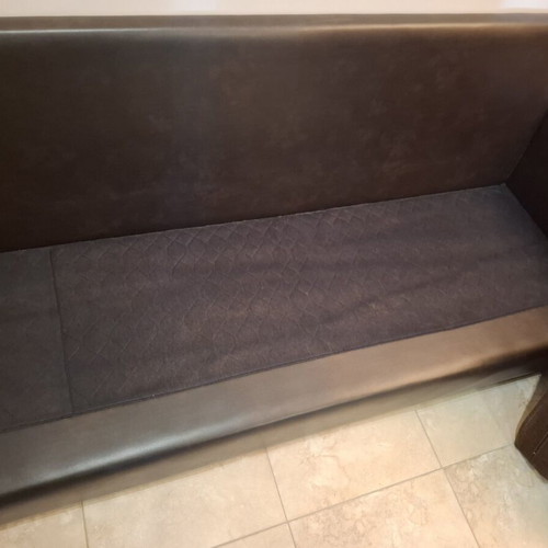 Three-seater sofa like new, genuine leather and fabric, walnut wood frame