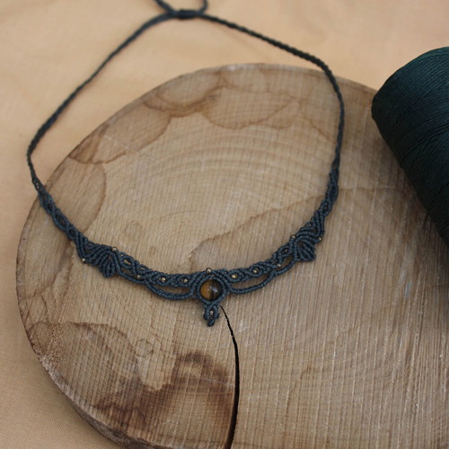Macrame necklace green with tiger eye gemstone and bronze beads new