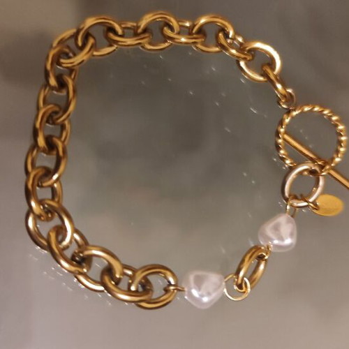 Chain bracelet with two pearls new, gold color stainless steel