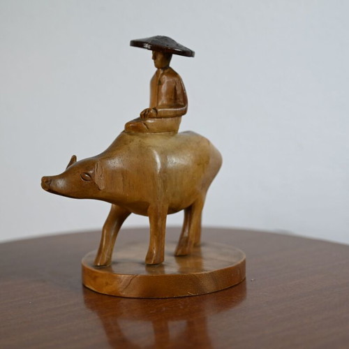 Handmade wooden sculpture farmer on buffalo, height 17 cm, like new