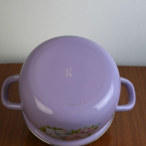 Vintage enamel pot lilac with floral design used