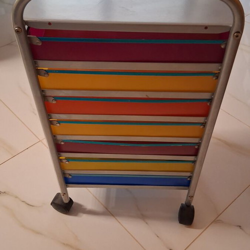 Modern wheeled drawer unit used with seven colorful plastic drawers