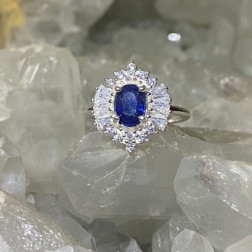 Handmade silver ring with natural blue sapphire and moissanites, new