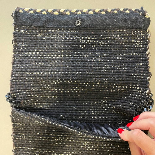 Handmade fabric shoulder bag with chain, black, new