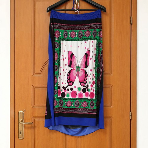 Blue summer dress with butterfly and neck tie used, size XXXL