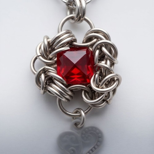 Steel necklace adjustable 40–50 cm with handmade Byzantine pendant and red stone