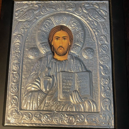 Byzantine Pantokrator Icon with 950 Silver Inlay, Like New, Georgiadis