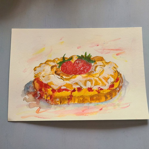 Strawberry Tart watercolor painting on 18x26 cm paper