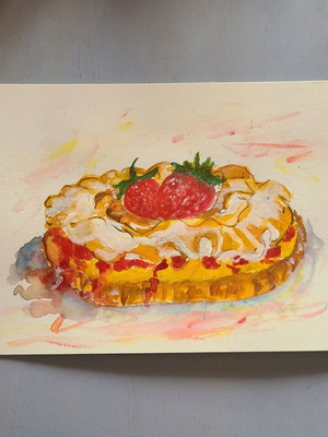 Strawberry Tart watercolor painting on 18x26 cm paper