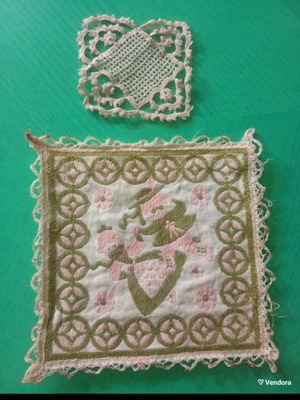 Antique embroidered small square and crochet coaster set from 1920 used