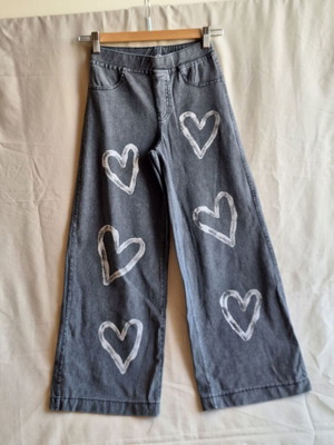 H&M Kids Grey Jeggings Pants with White Heart Prints, Wide Leg, Age 10-11, 146cm