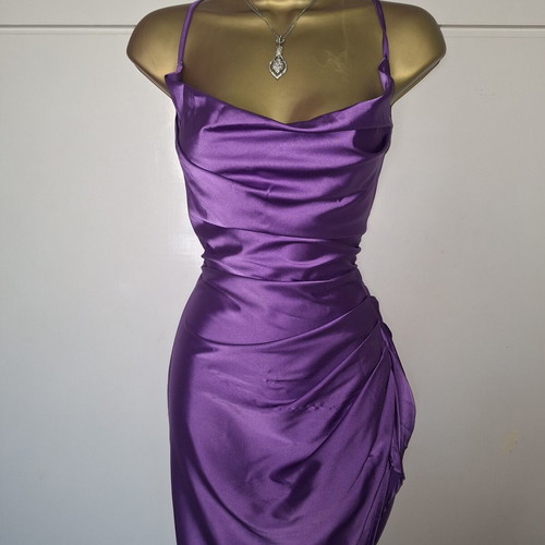 Shein purple satin ruched cross back slit dress, size M