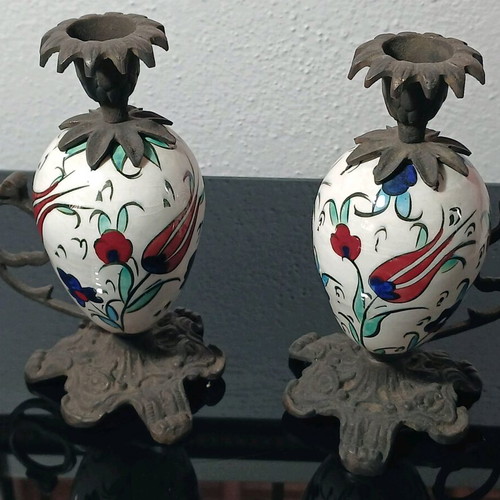 Vintage candle holders used, porcelain and brass, handmade
