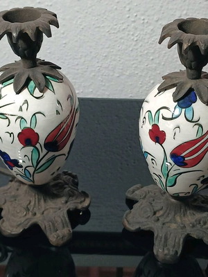 Vintage candle holders used, porcelain and brass, handmade