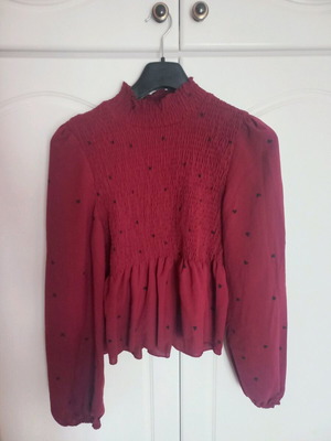 Burgundy long-sleeve blouse new with heart pattern