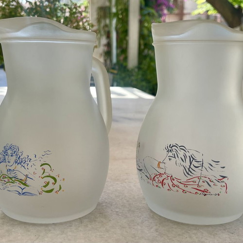 Set of 2 Loumidis collectible glass coffee jugs signed by G. Stathopoulos