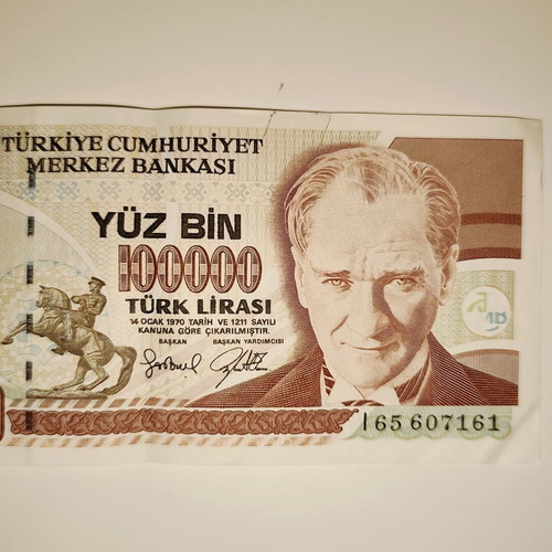Set of 5 used Turkish 100,000 Lira collectible banknotes
