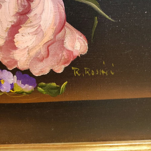 R.Rosini painting artwork used, vintage with golden carved frame