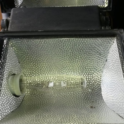 HQI floodlights used, 2x250W black and 3x150W white, waterproof